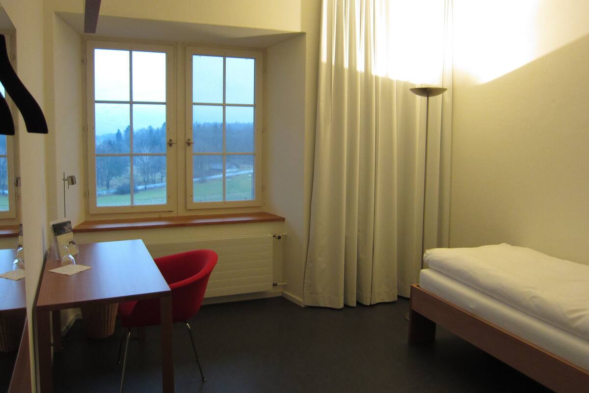 A room with a bed, a desk, a chair, a window with curtains, and a radiator.