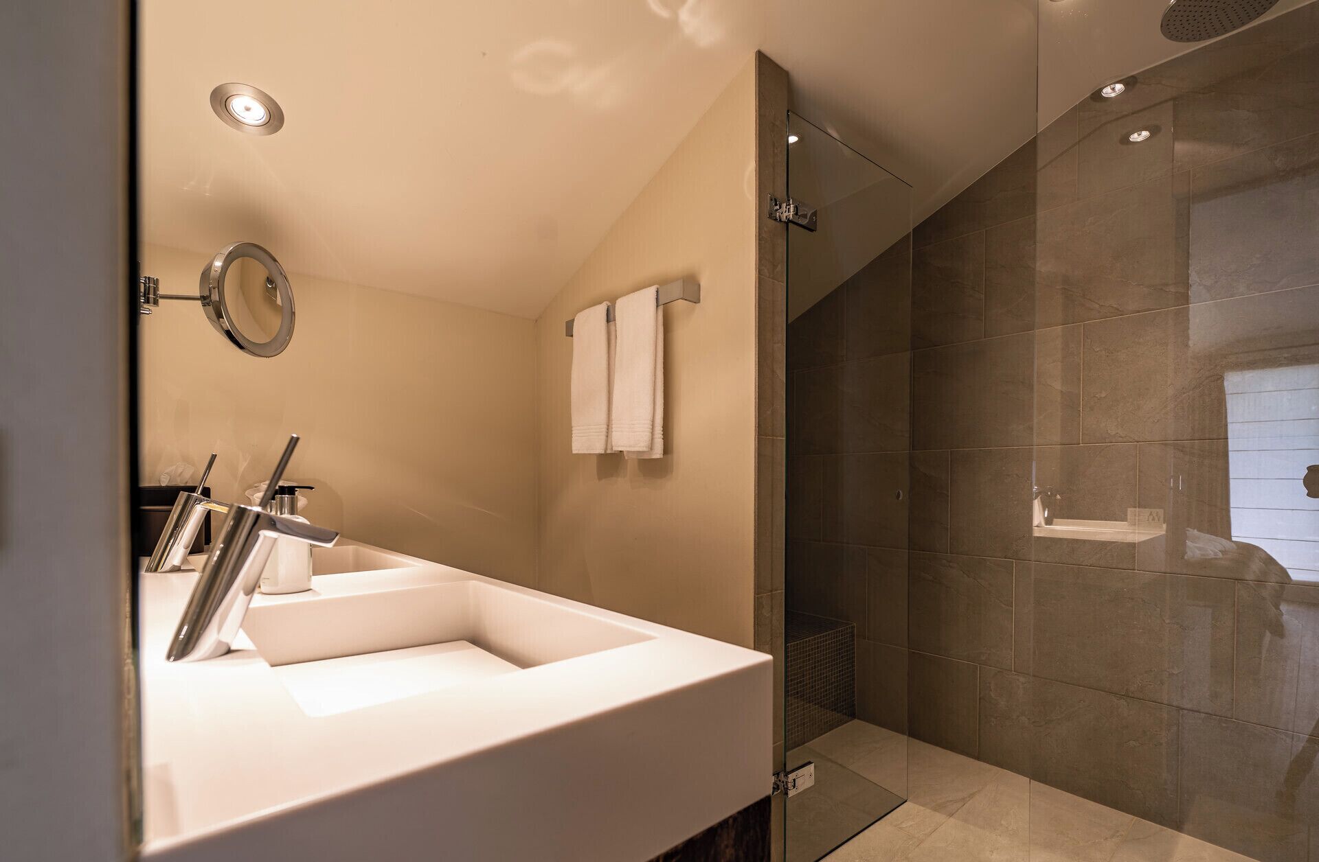 A modern bathroom with a large sink, a mirror, and a glass-enclosed shower.