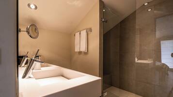 A modern bathroom with a large sink, a mirror, and a glass-enclosed shower.