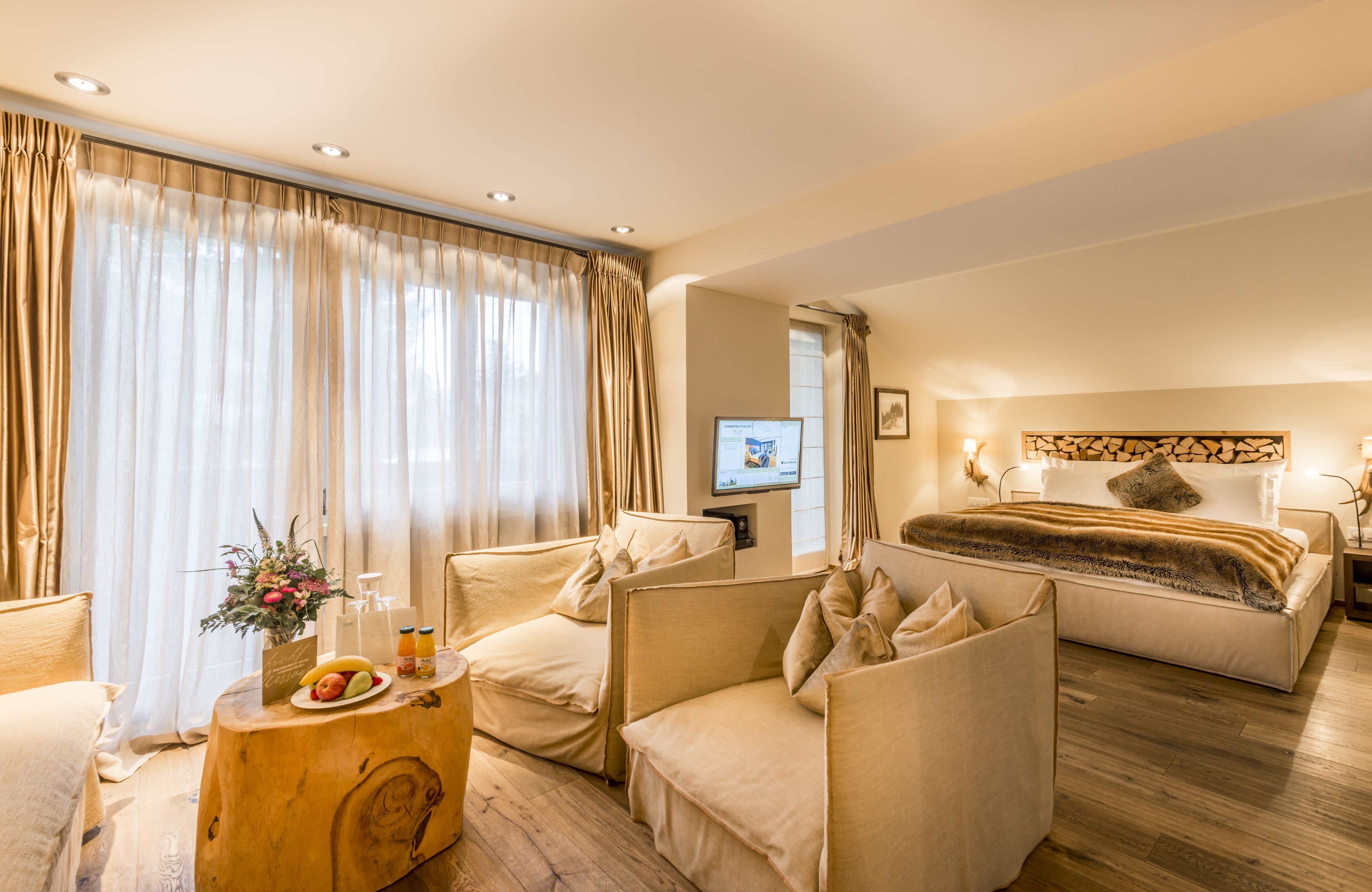 design suite, 1 double bed, fireplace, mountain view | 1 bedroom, premium bedding, in-room safe, blackout curtains