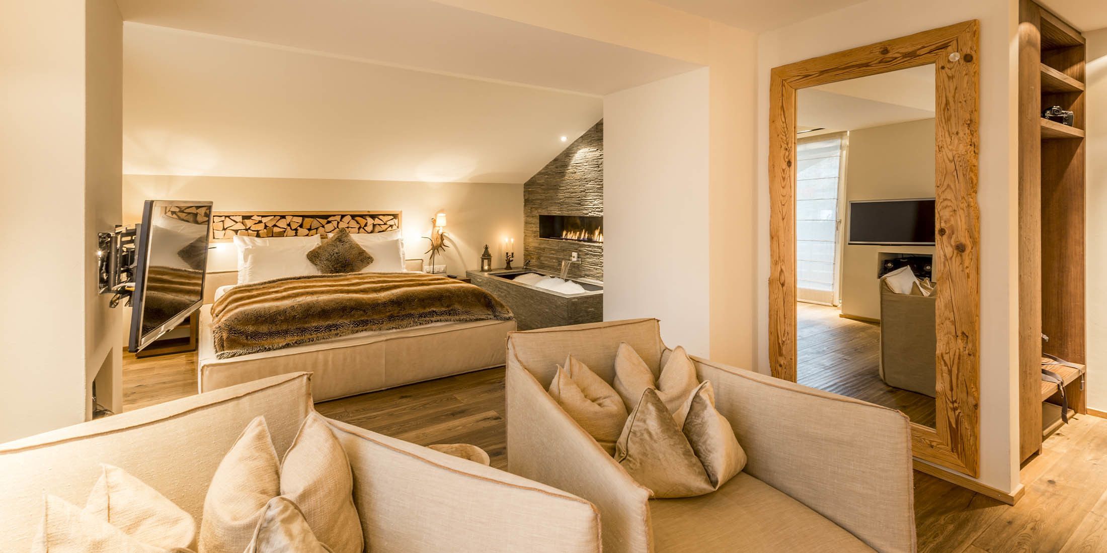 design suite, 1 double bed, fireplace, mountain view | 1 bedroom, premium bedding, in-room safe, blackout curtains