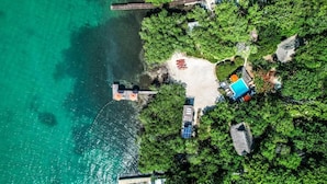 Vue aérienne d’un complexe hôtelier doté d’une plage, d’une piscine et d ’une végétation luxuriante.