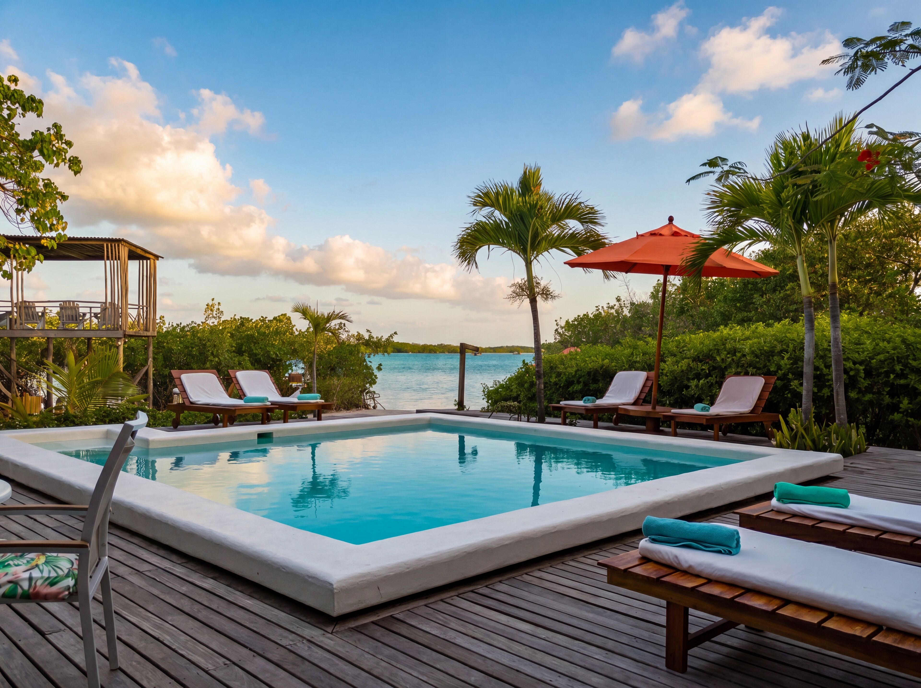 Outdoor pool, pool umbrellas, sun loungers