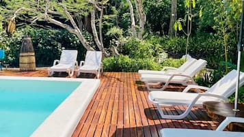 Outdoor pool, pool umbrellas, pool loungers