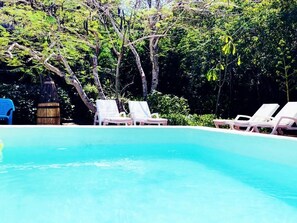 Outdoor pool, pool umbrellas, pool loungers