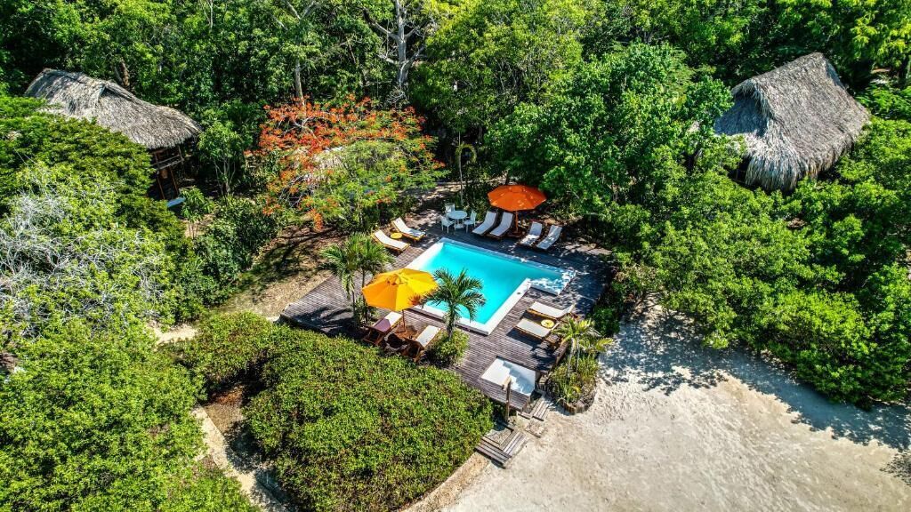 An aerial view of a resort with a swimming pool surrounded by lush greenery and thatched-roof structures.