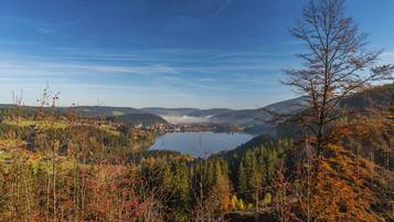 A panoramic view of a lake surrounded by autumn foliage and hills.