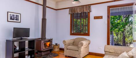 Un salón acogedor con chimenea, un sofá, un televisor sobre un mueble bajo y una ventana con vistas a árboles.