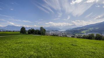 A panoramic view of a lush green landscape with a town nestled in the valley, surrounded by mountains.