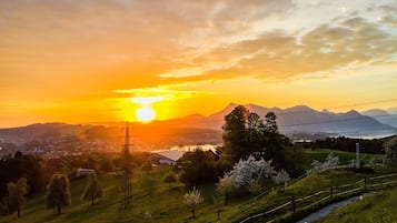Paisaje rural con un atardecer, montañas al fondo y cielo despejado.