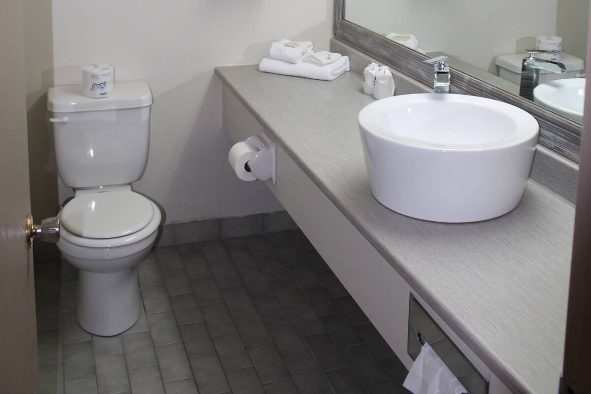 Un baño con inodoro, lavabo y perchero para toallas.