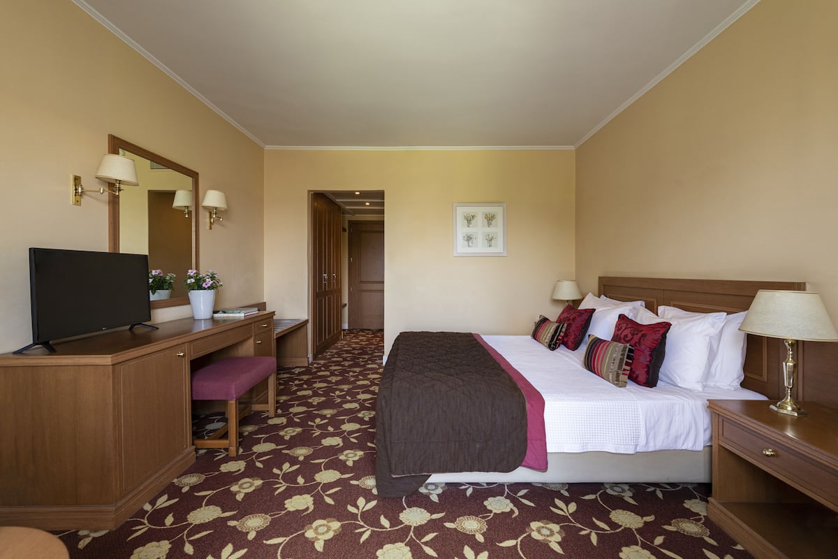 A hotel room with a bed, desk, chair, television, and a door leading to another room.