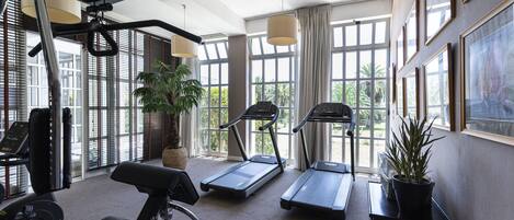 A gym with treadmills, a bench, and exercise equipment.