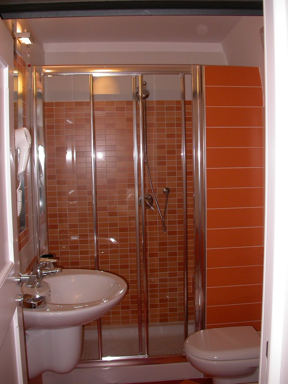 Un baño con ducha de vidrio, lavamanos blanco y un inodoro.
