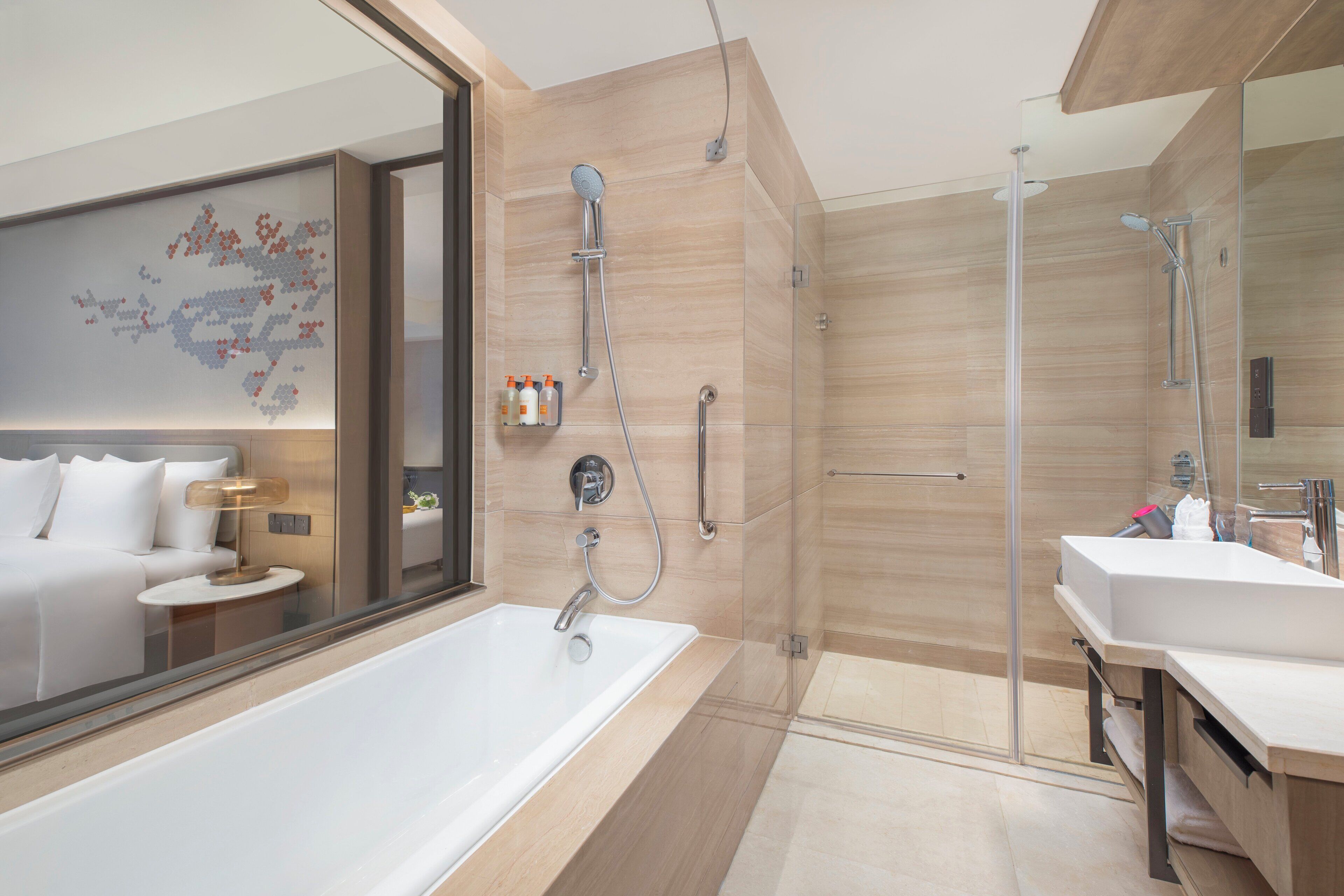 combined shower/bathtub, deep-soaking bathtub, rainfall showerhead