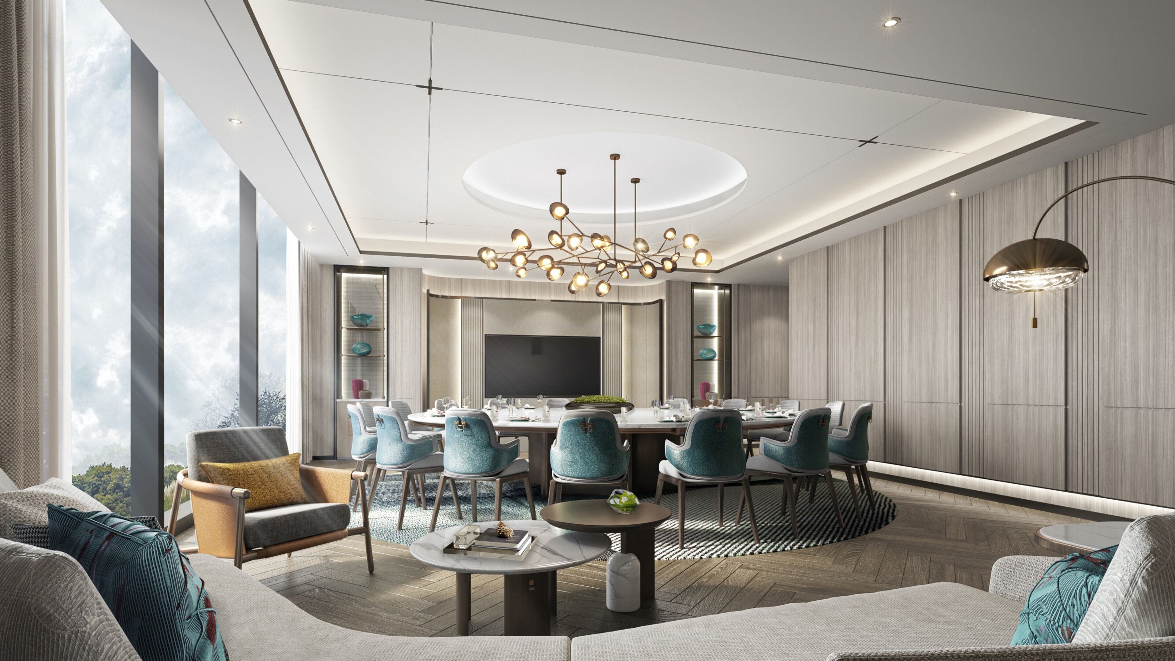 A modern dining area with a large table, chairs, and a chandelier.