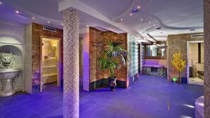 A spacious lobby with a high ceiling, a central column, and a large potted plant. - Hotel Sassella (Grosio)