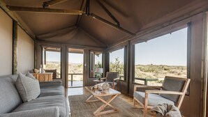 Une pièce spacieuse avec un canapé gris, une table basse en bois et un fauteuil. Une grande fenêtre offre une vue sur le paysage désertique.
