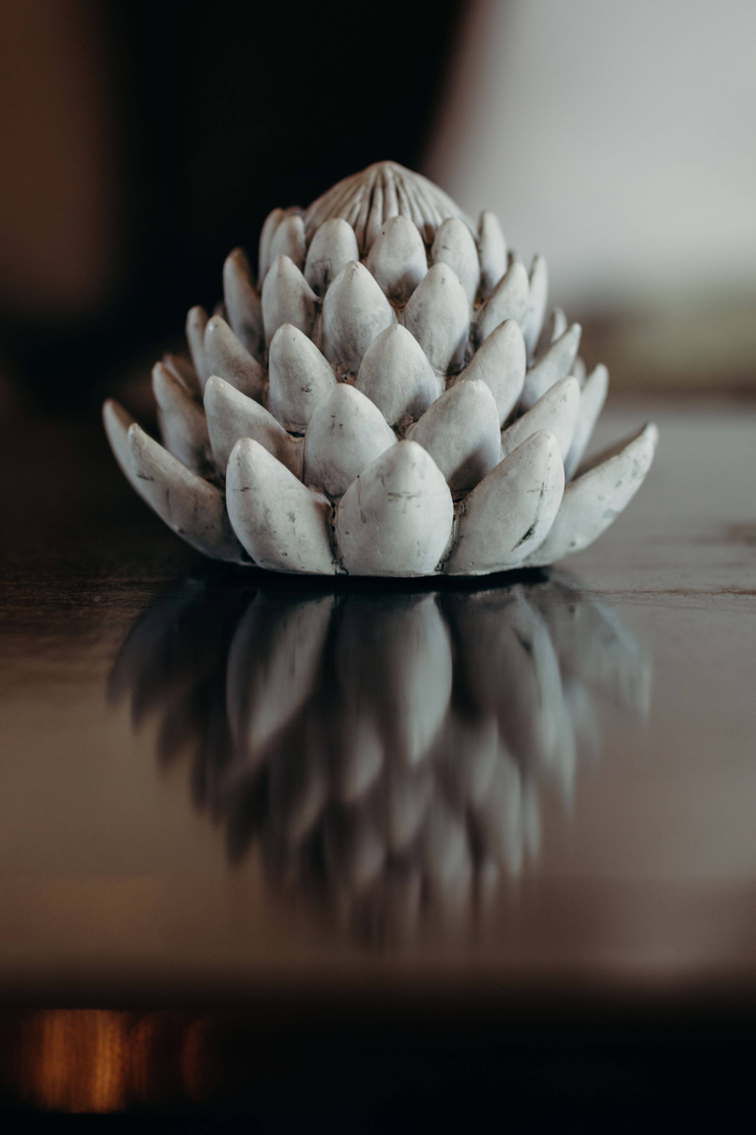Primer plano de un objeto blanco y texturizado con superficie reflectante, posiblemente un adorno o una escultura, sobre una superficie oscura y brillante.
