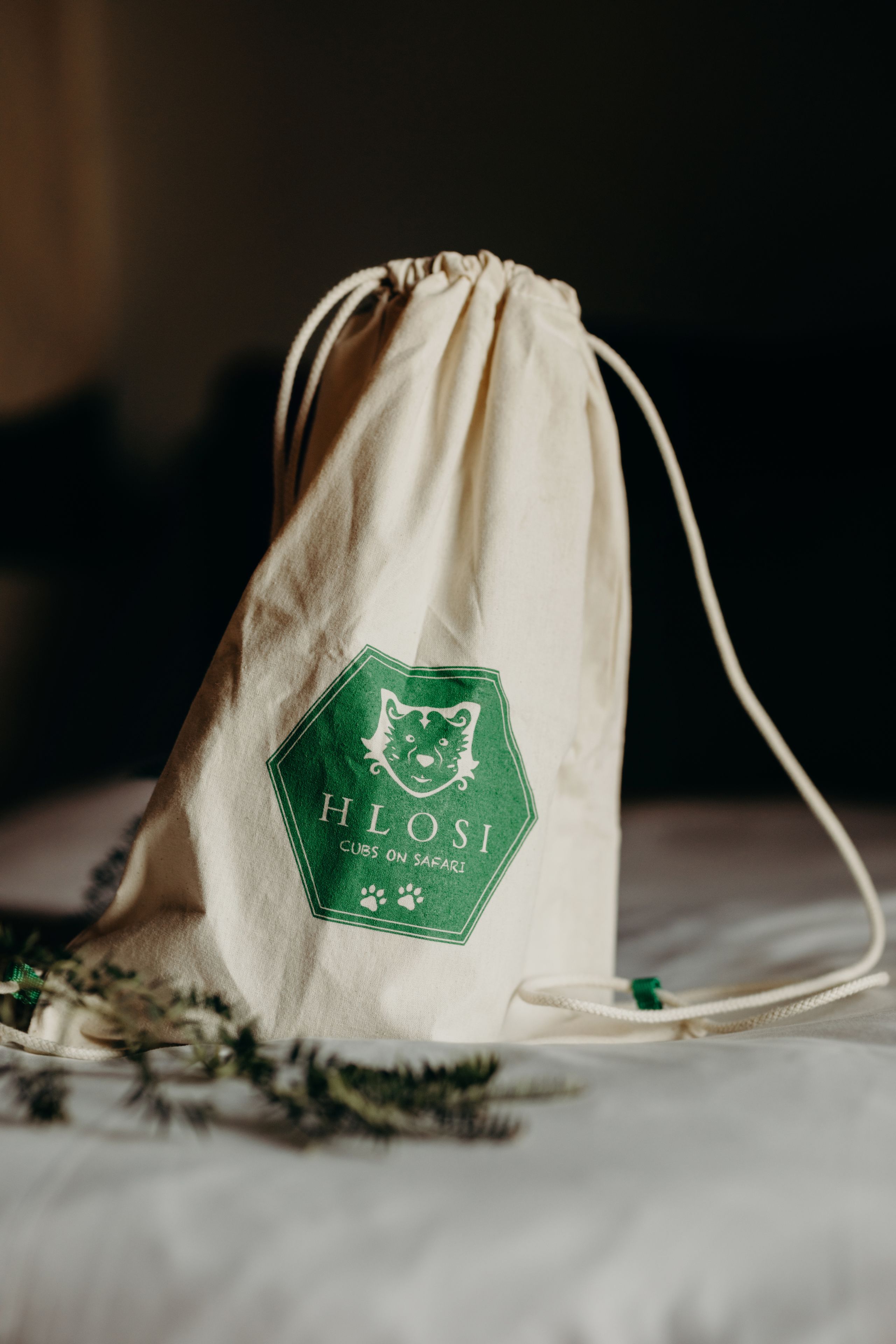 A white drawstring bag with a green logo on it.