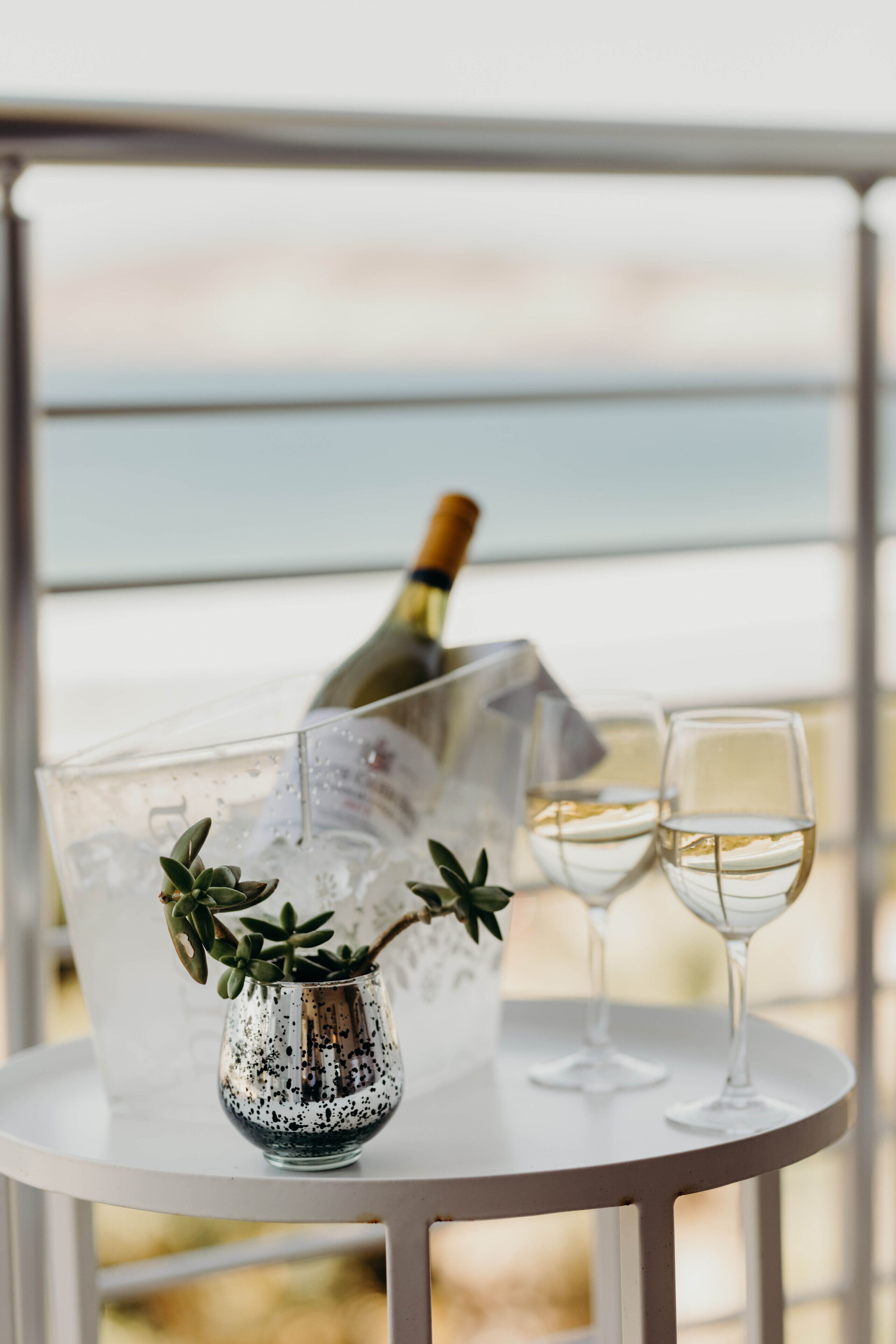 Una mesa con una botella de champán, dos copas y un jarrón decorativo con plantas.