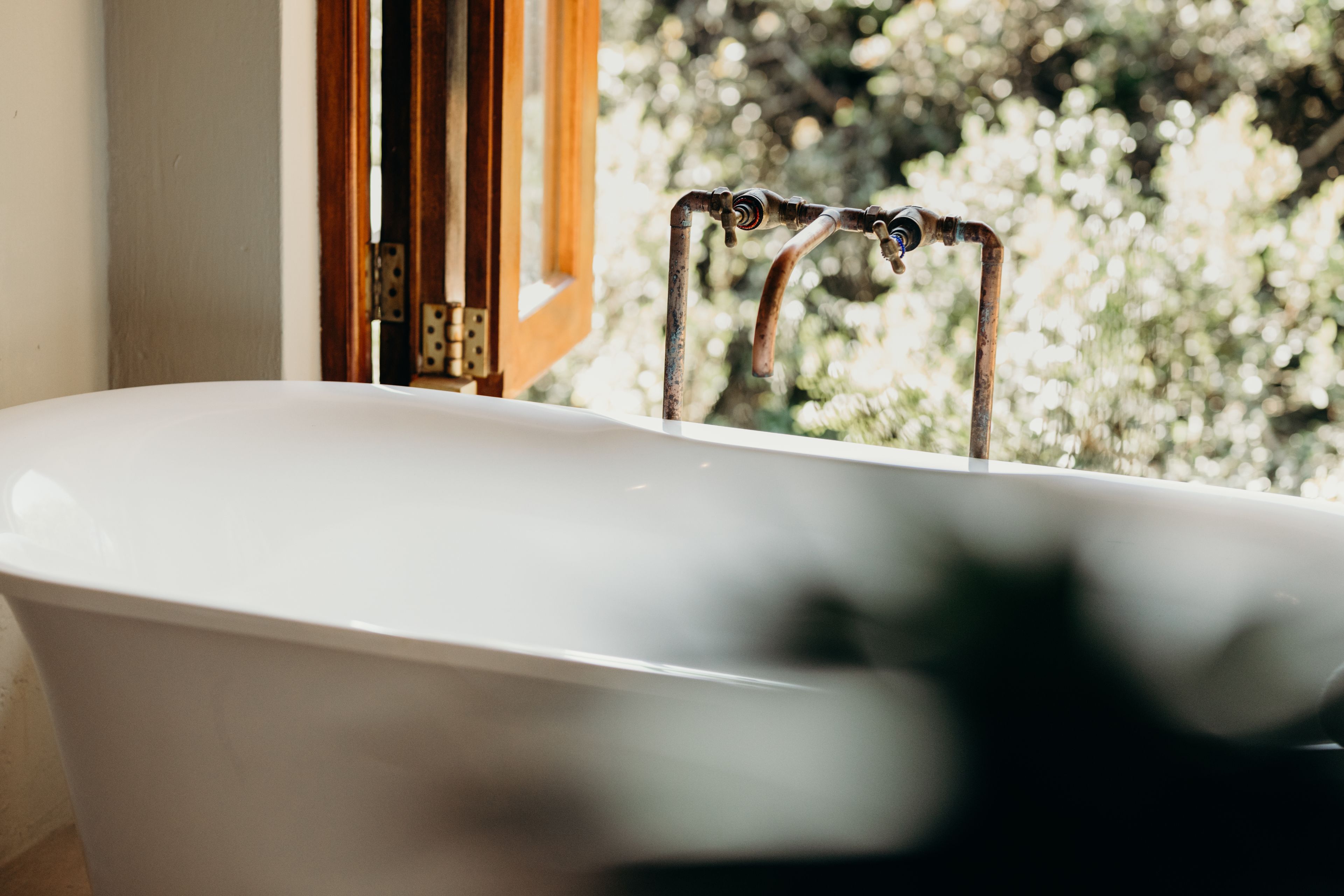 A white bathtub with a vintage faucet, a wooden door frame, and a view of greenery outside.