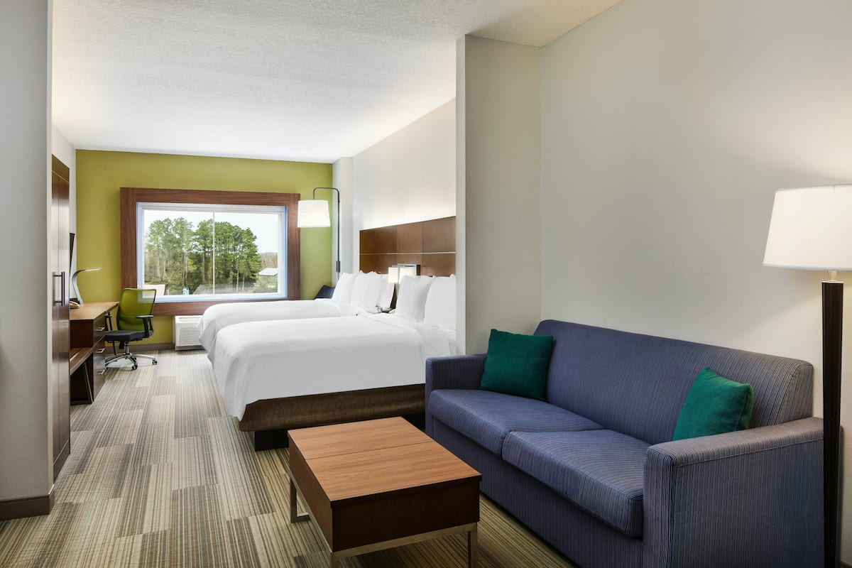 A hotel room with a bed, a sofa, a desk, and a chair.