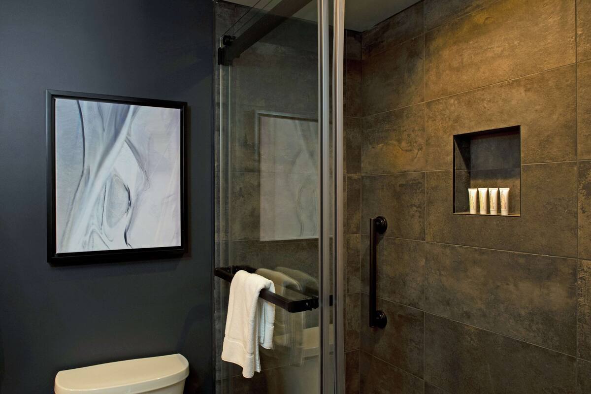 Une salle de bain moderne avec une douche à l’italienne en verre, une œuvre d’art abstraite encadrée, un porte-serviettes et une petite étagère avec des objets décoratifs.