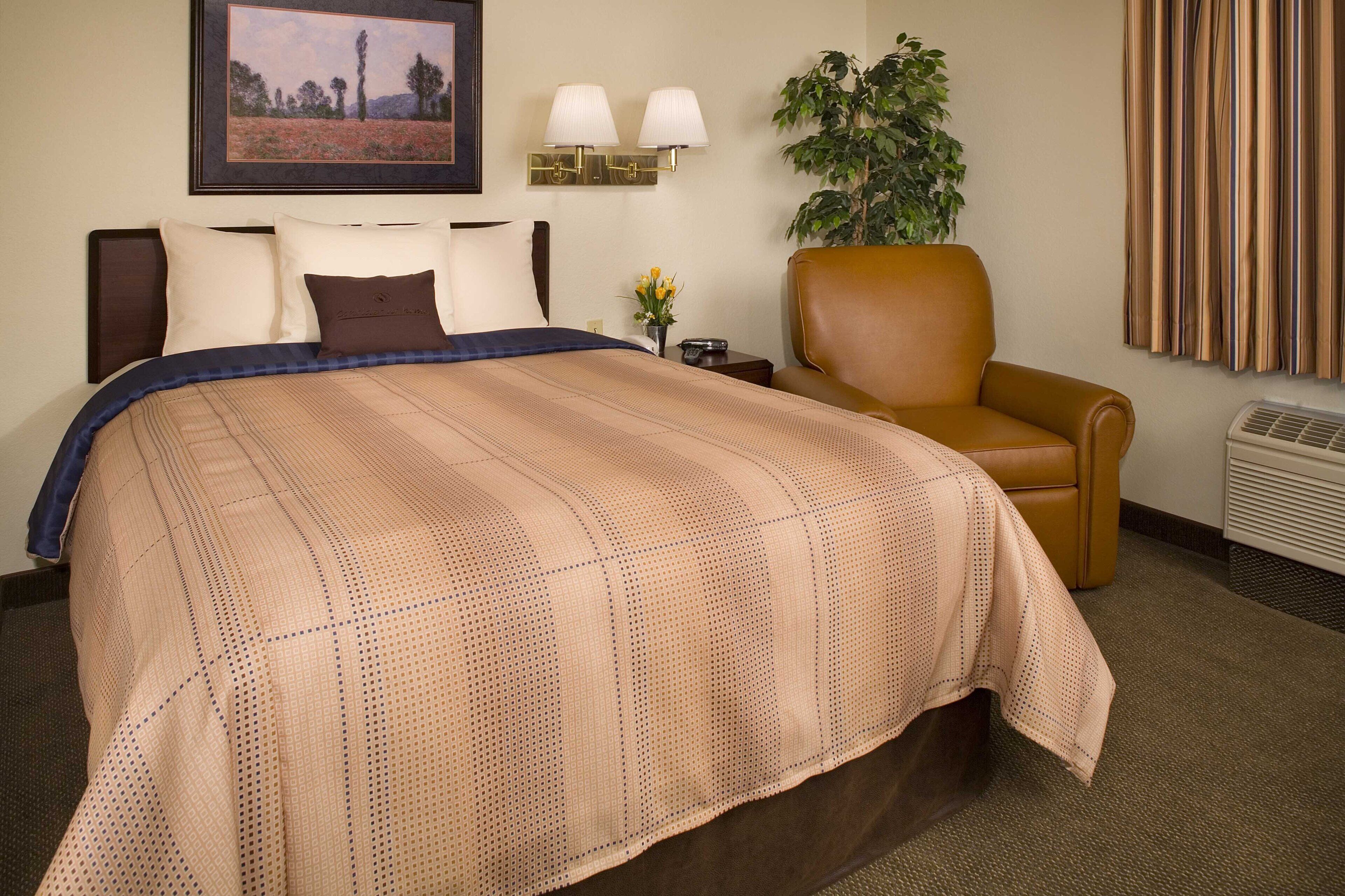 A hotel room with a large bed, a chair, a wall-mounted lamp, a potted plant, and a window with curtains.