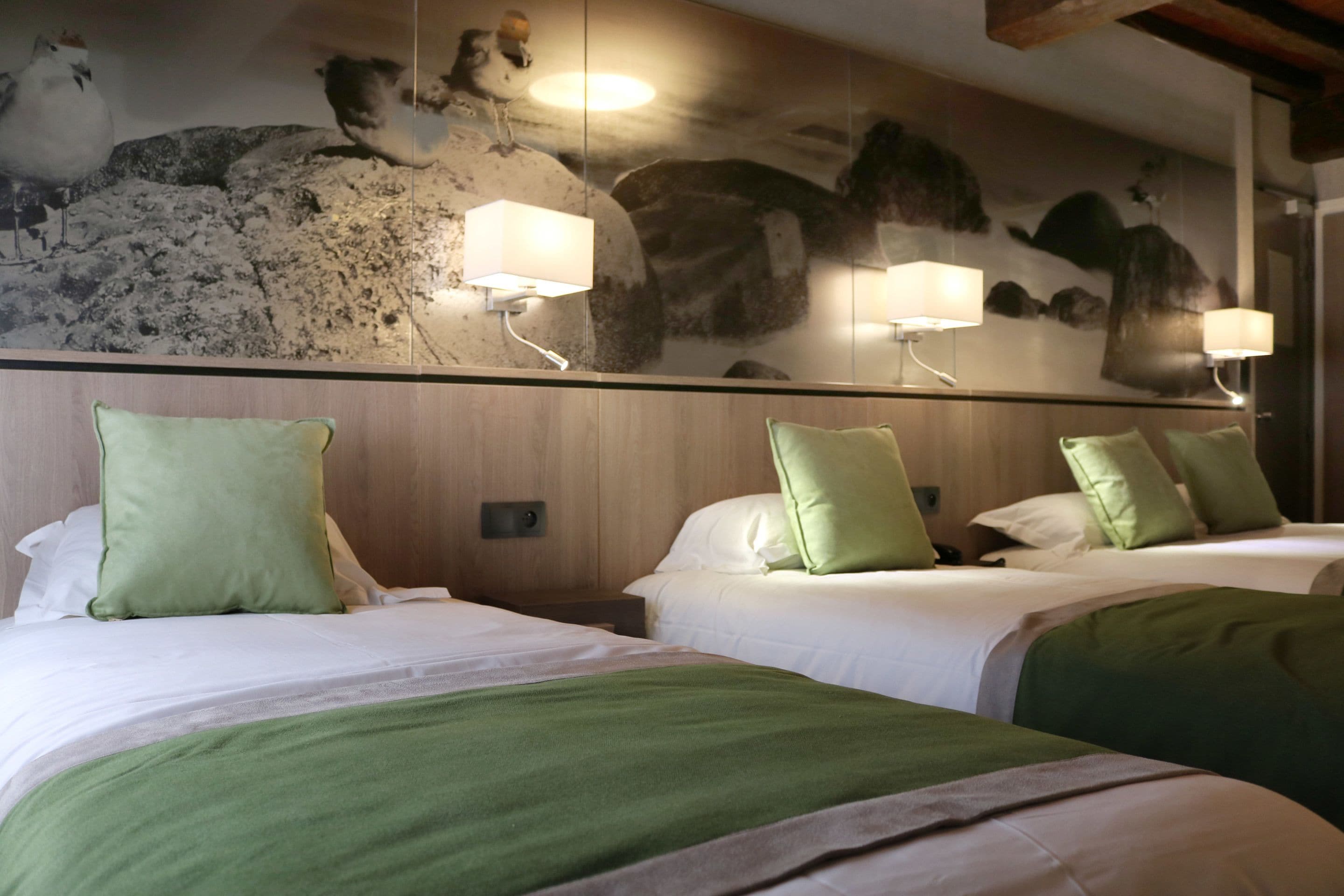 Une chambre d’hôtel avec deux lits, chacun agrémenté d’oreillers verts et d’une couverture verte. Un grand tableau mural représente des oiseaux perchés sur des rochers.