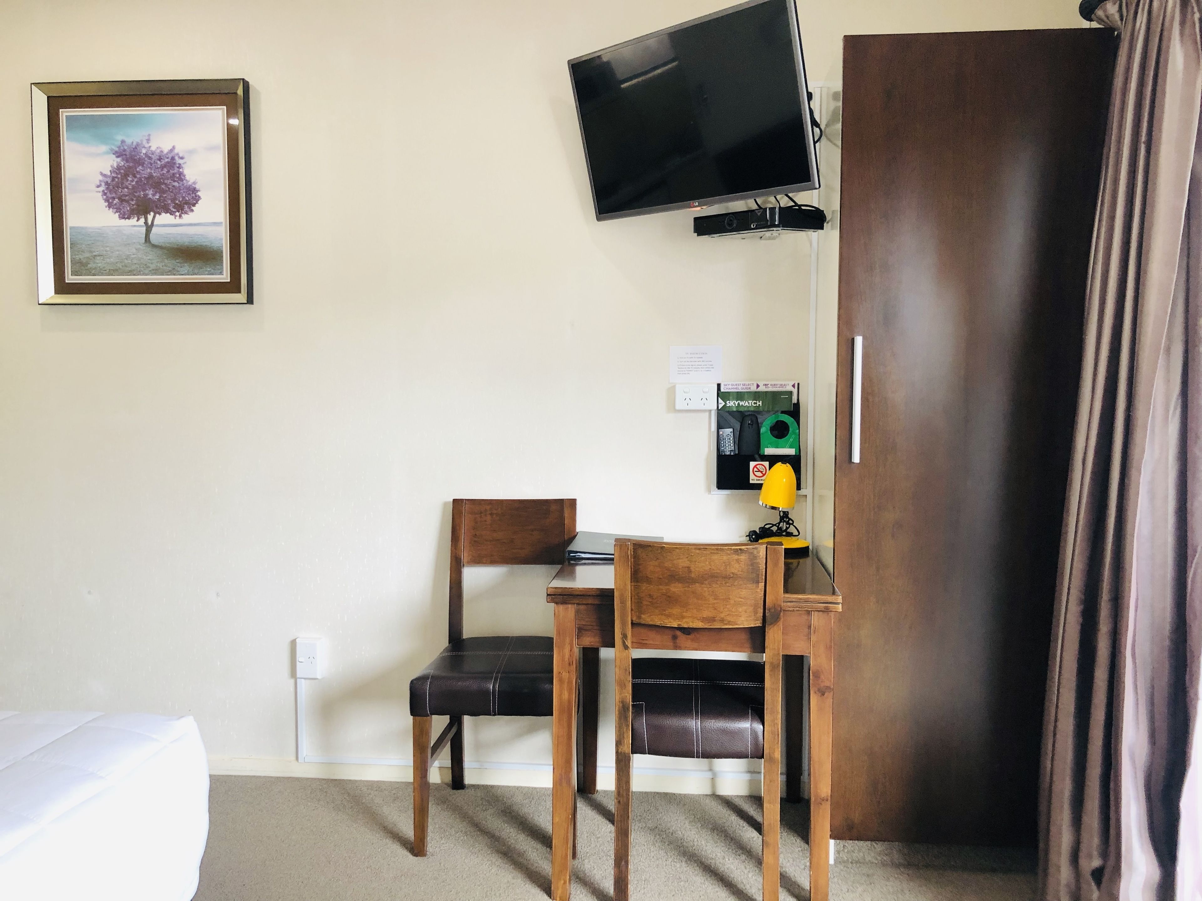 A hotel room with a bed, a desk with a chair, a television mounted on the wall, a power outlet, and a framed picture of a tree.