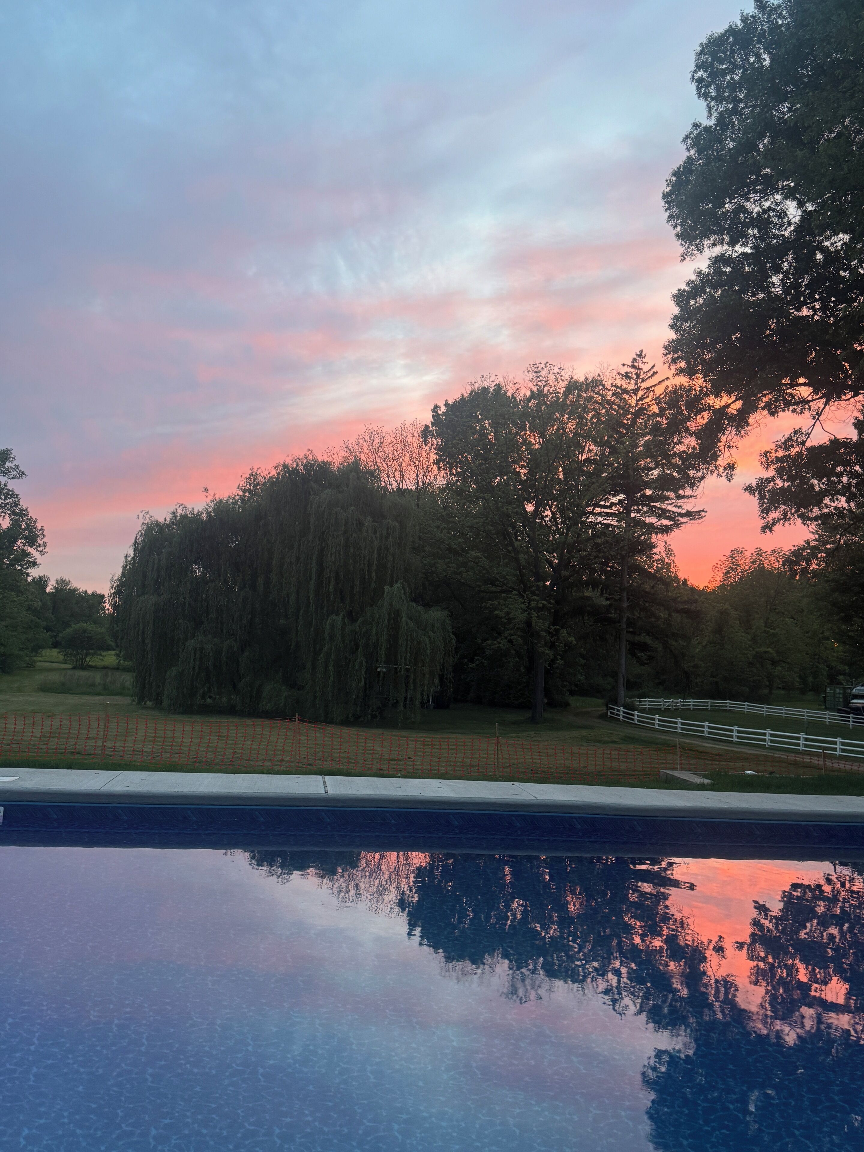 A swimming pool with a clear view of trees and a fence in the background.
