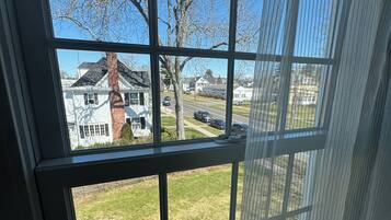 Una ventana con vistas a una zona residencial, con casas y una calle.