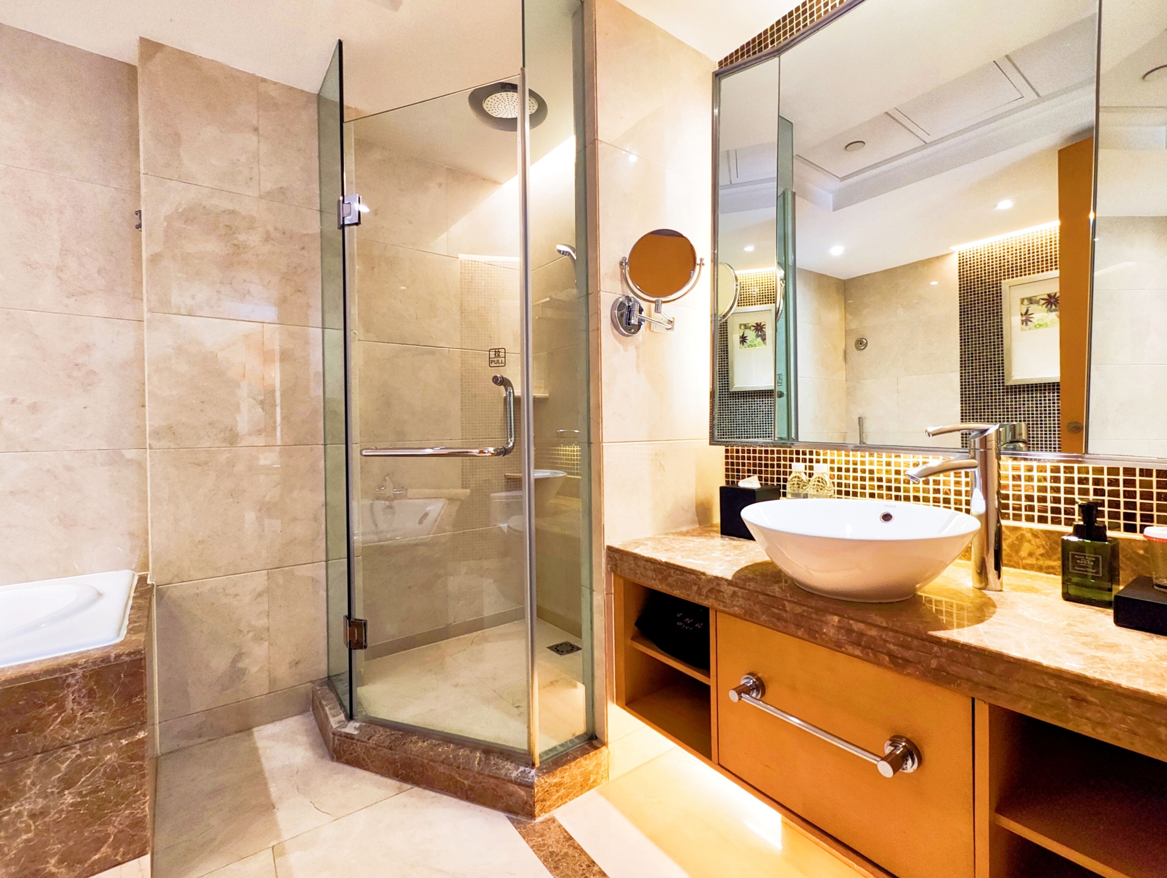 superior double room | bathroom | separate bathtub and shower, designer toiletries, hair dryer, bathrobes