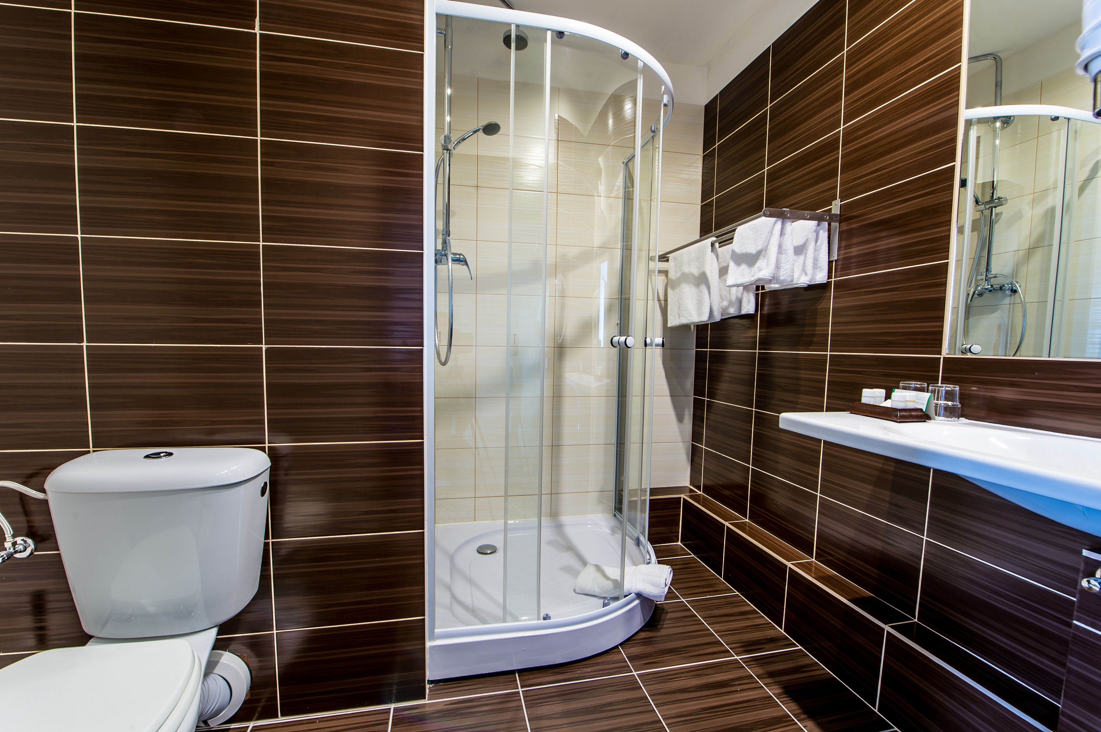 Une salle de bain moderne avec une douche à parois de verre, des toilettes et un lavabo surmonté d’un miroir.