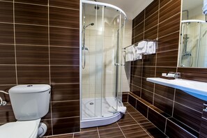 A modern bathroom with a glass-enclosed shower, a toilet, and a sink with a mirror above it.