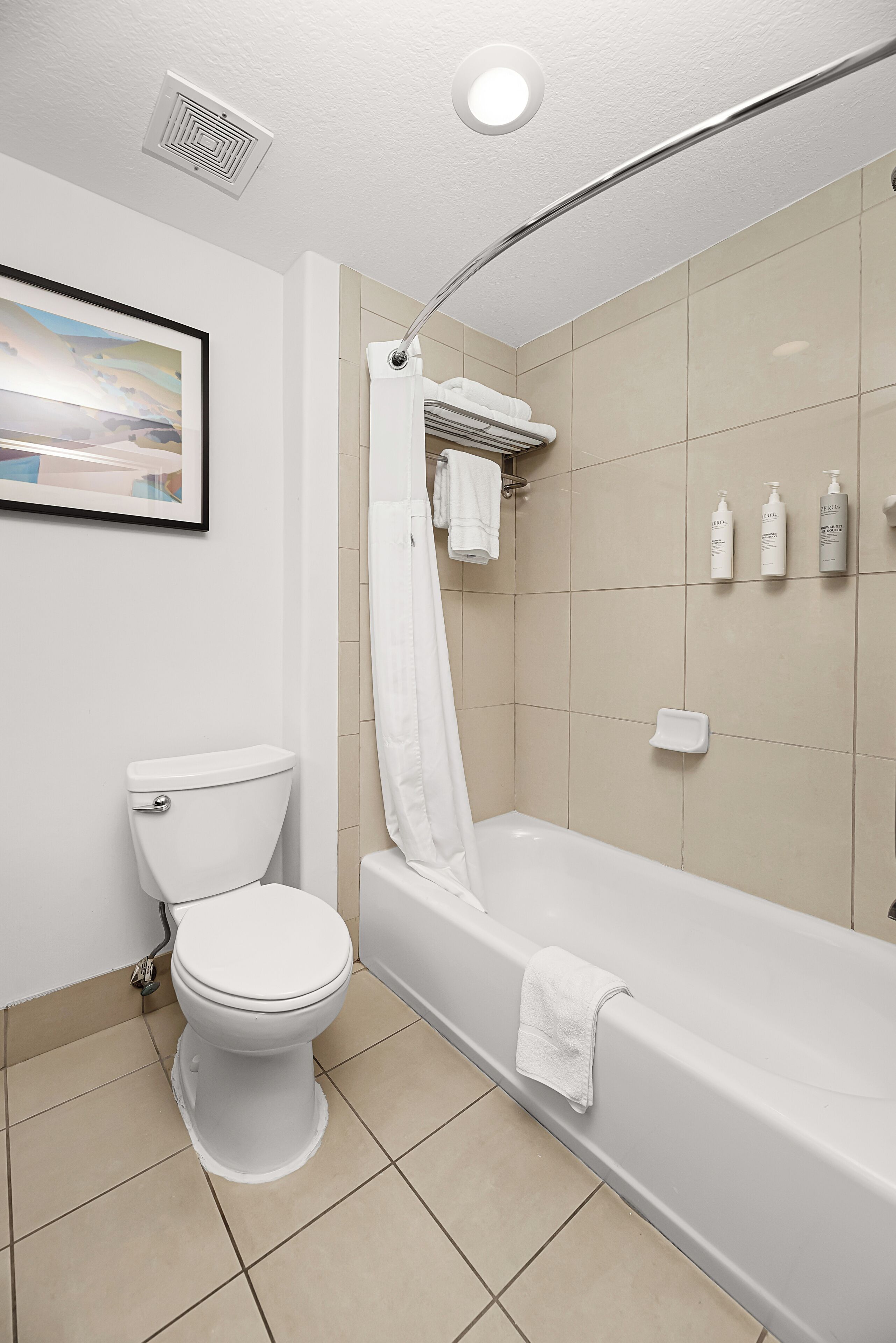 Une salle de bain moderne avec des toilettes, une baignoire, un rideau de douche et un tableau encadré au mur.