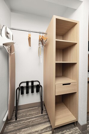 Desk, laptop workspace, blackout curtains, iron/ironing board