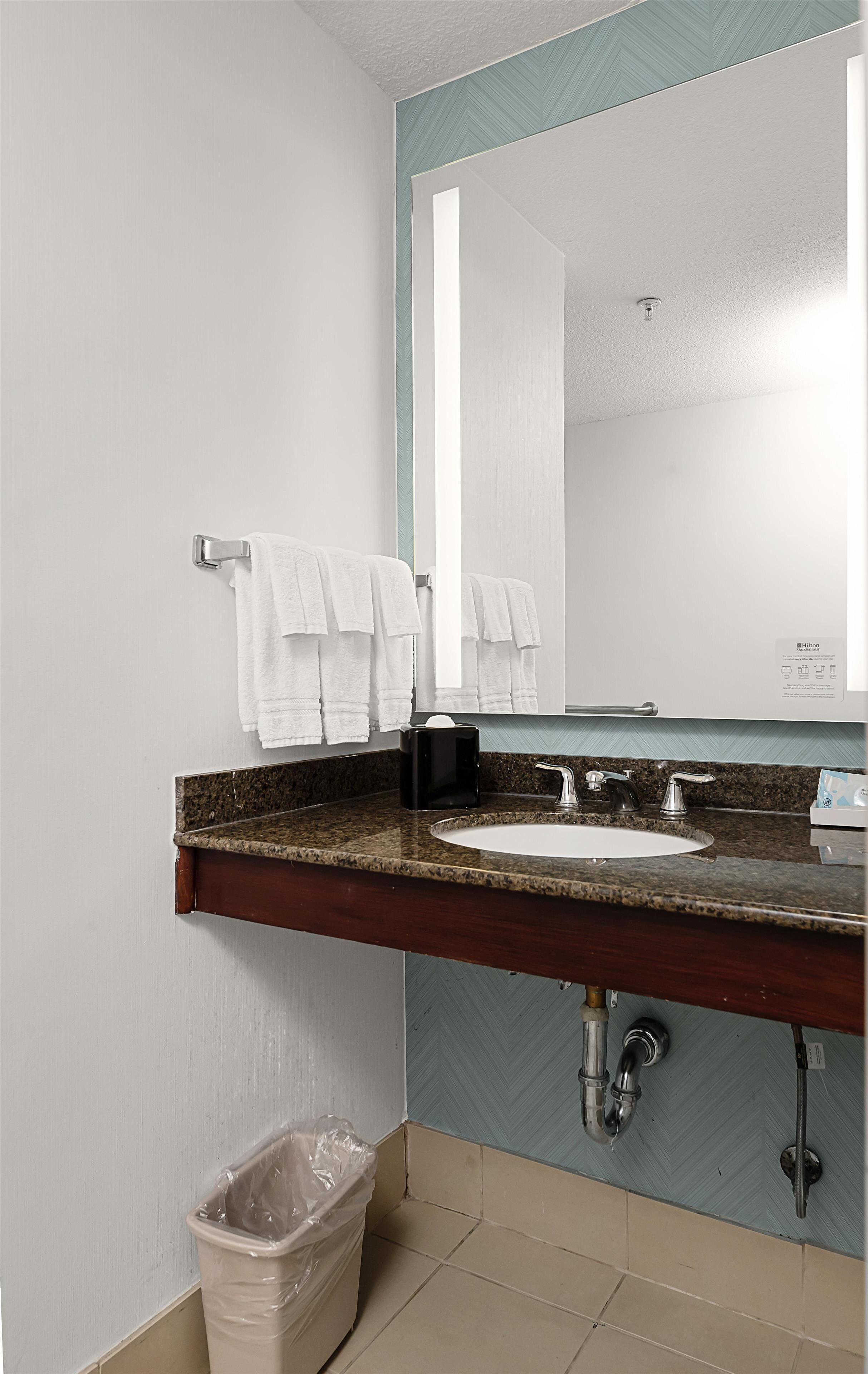 A bathroom with a sink, mirror, towel rack, and trash can.