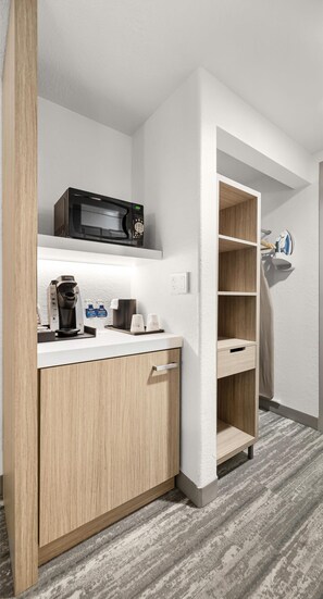 Desk, laptop workspace, blackout curtains, iron/ironing board