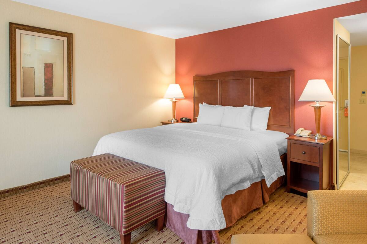 Quarto de hotel com uma cama grande, duas mesas de cabeceira com luminárias, um painel de cabeceira de madeira, um banco listrado e um tapete estampado.