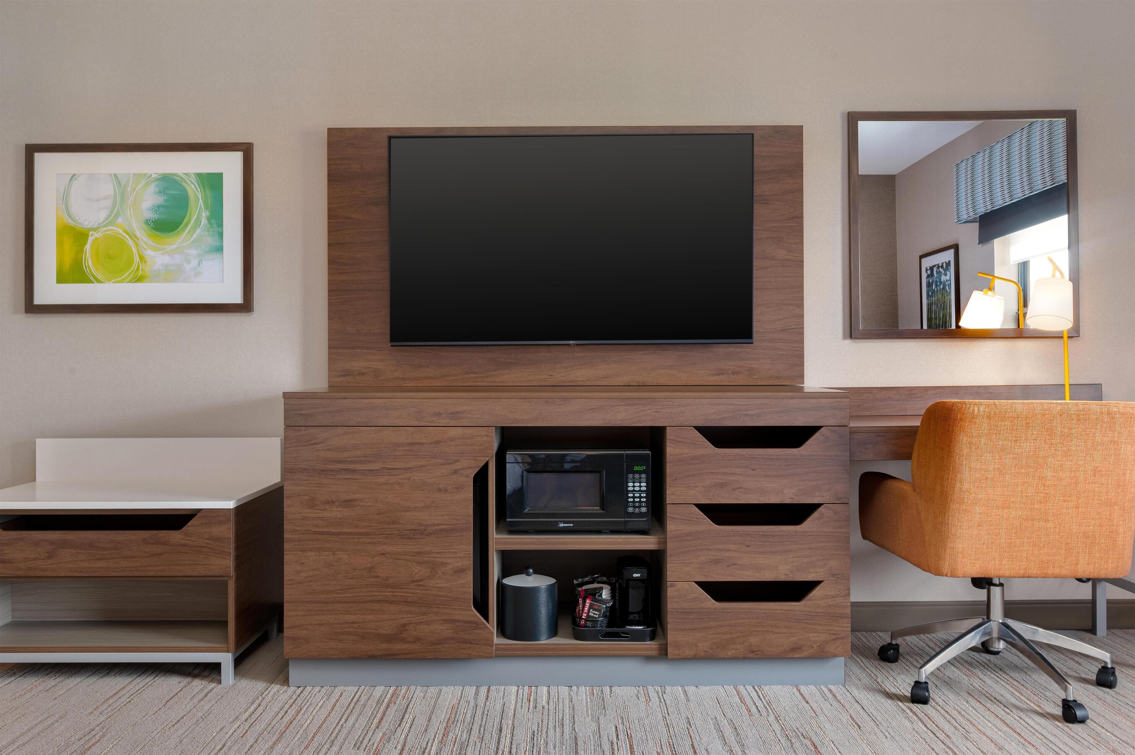 premium bedding, desk, laptop workspace, blackout curtains