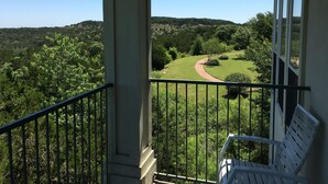 A balcony with a view of a green landscape and a path. - Mountain Star Lodge (Austin)