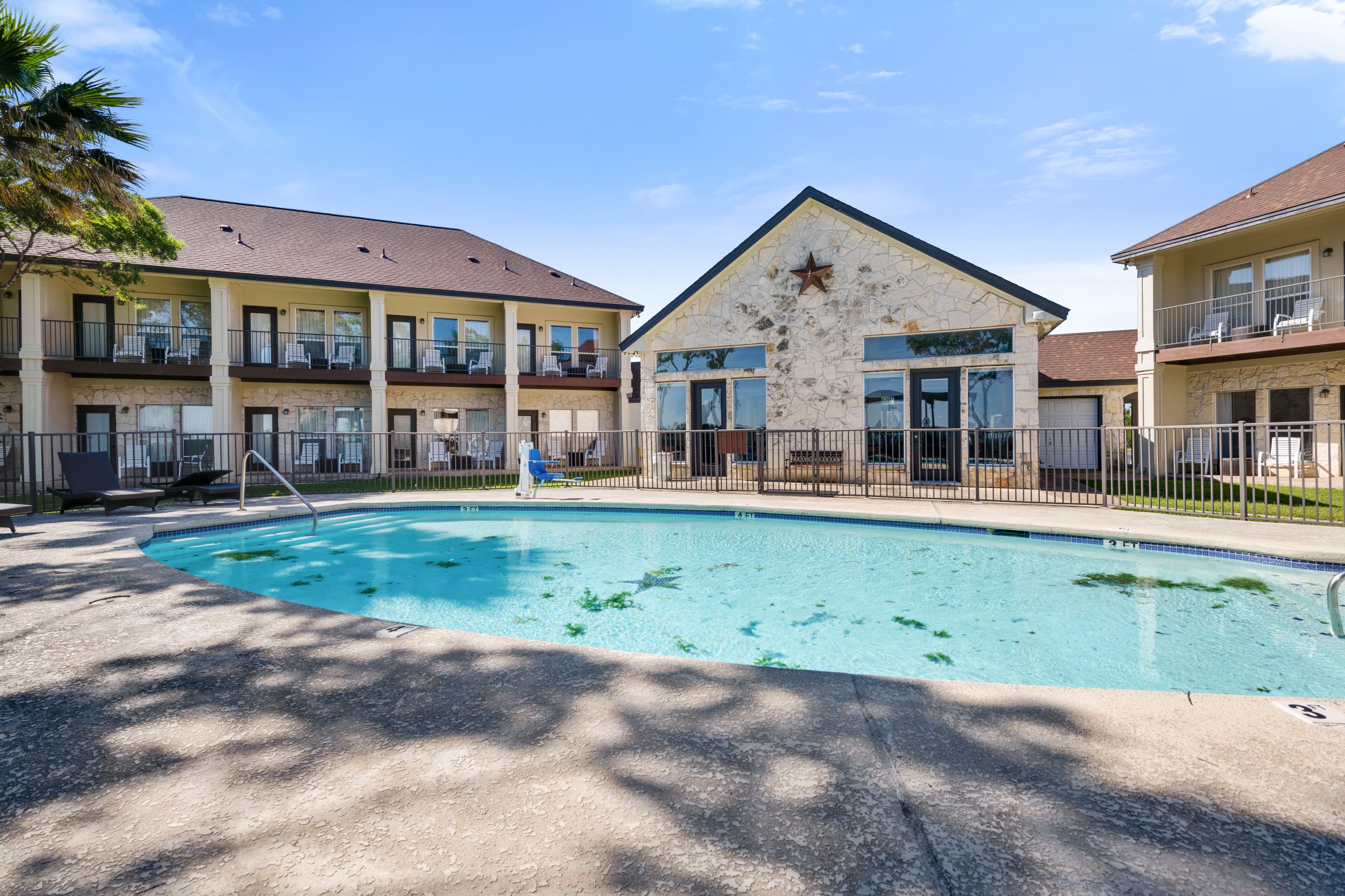 Seasonal outdoor pool, pool loungers