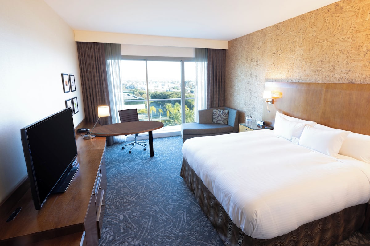 A hotel room with a large bed, a desk, a flat-screen TV, and a view of the city through the window.