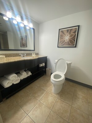 Duschwanne, kostenlose Toilettenartikel, Haartrockner, Handtücher