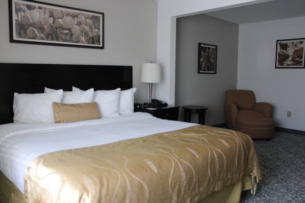 A hotel room with a large bed, a chair, and artwork on the walls.