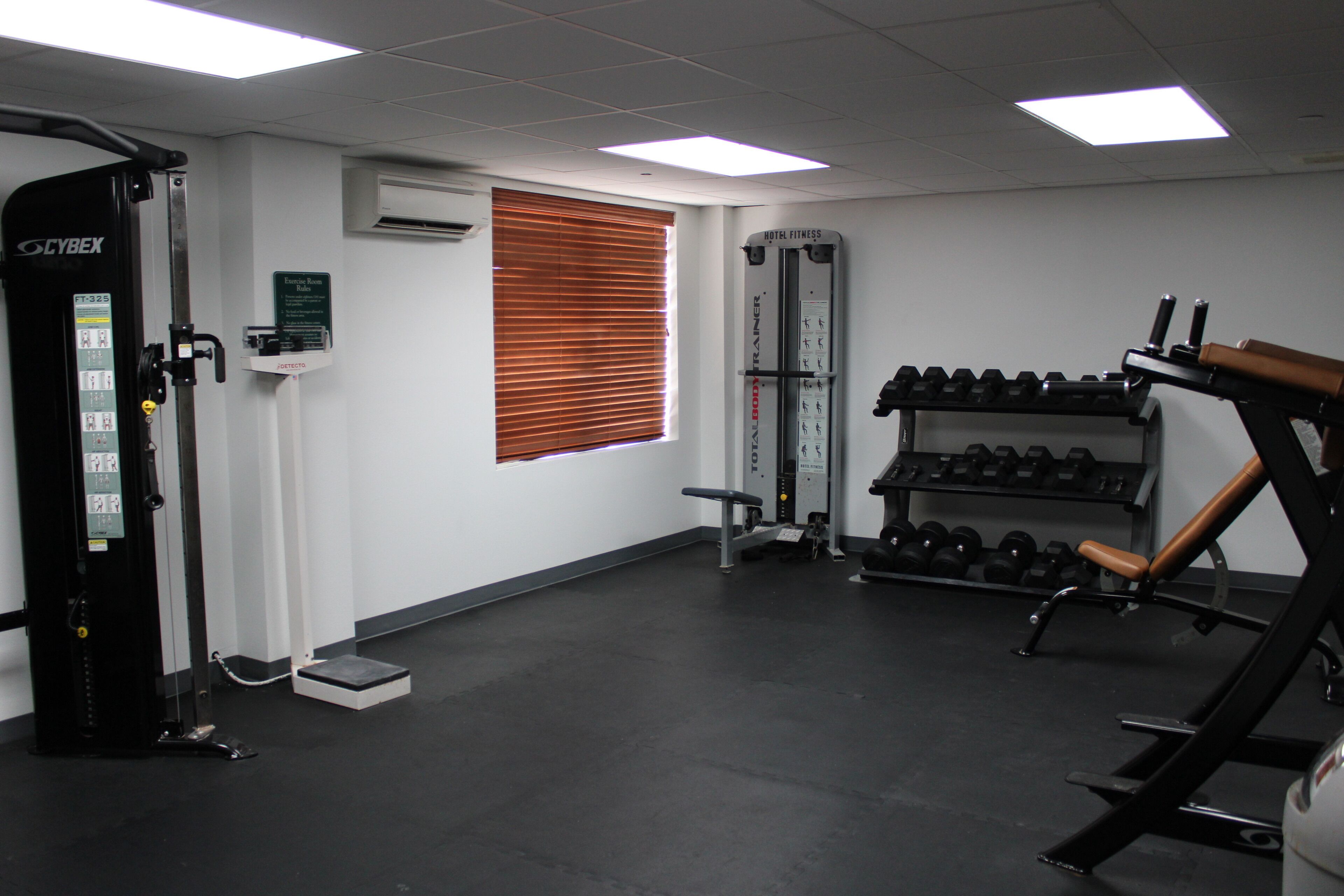Un gimnasio con equipo de levantamiento de pesas, una banca y un estante con mancuernas.