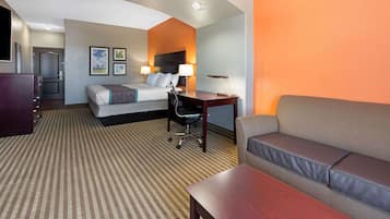 Premium bedding, desk, laptop workspace, iron/ironing board