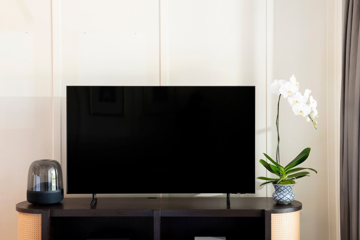 Un televisor de pantalla plana sobre un mueble de madera oscura, con una pequeña orquídea en maceta a un lado.